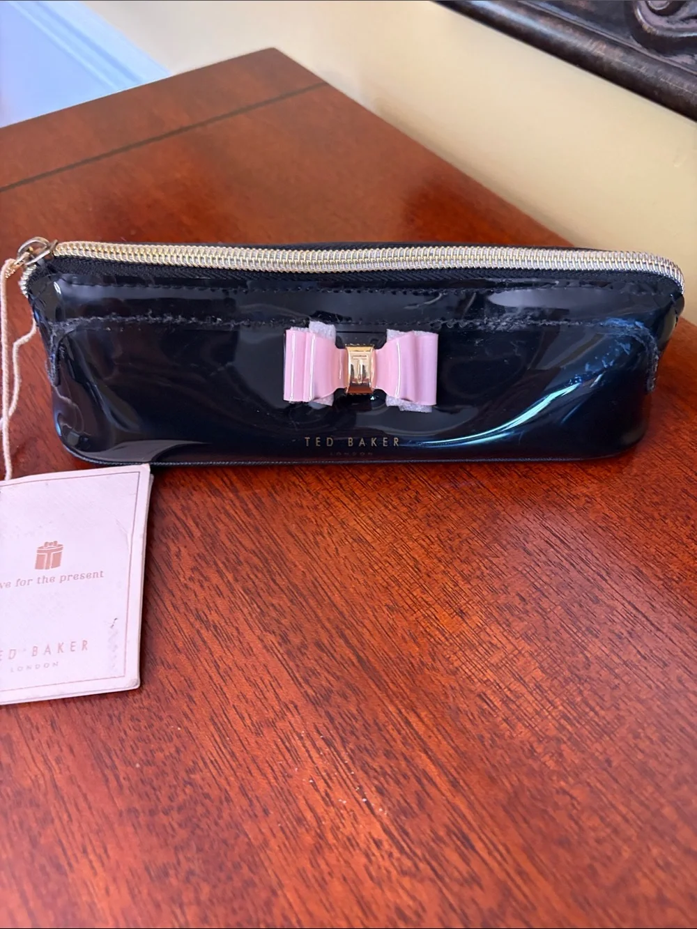 Ted Baker London Black Patent Pencil/Cosmetic Pouch with Pink Bow NWT